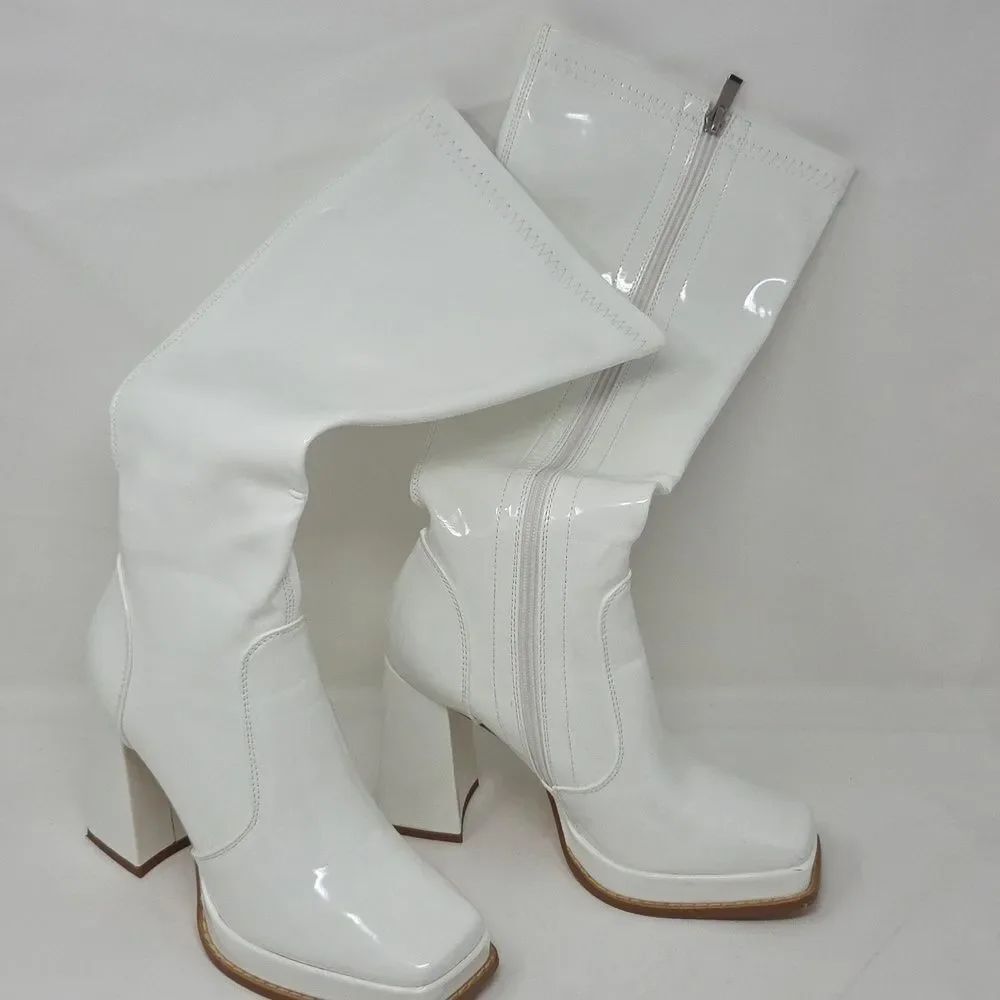 Elegant White Patent Heeled Boots